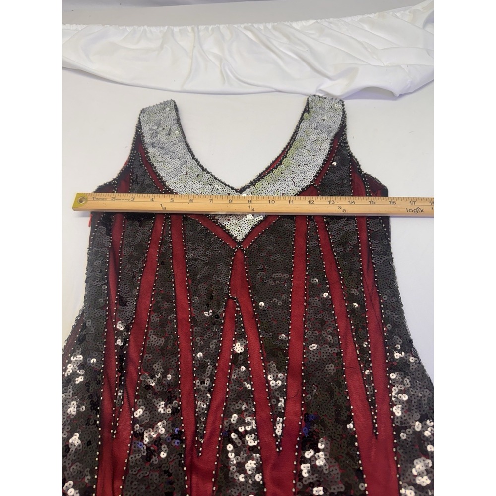 J Flapper Gatsby Dress Size S Black Red Beaded Fringed 1920's FUN DAISY Prom Fo - Picture 5 of 7